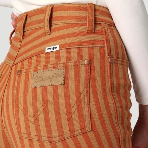 Wrangler Wanderer 622 High Rise Flare Jeans Goldie Orange Brown Stripe - Picture 9 of 9